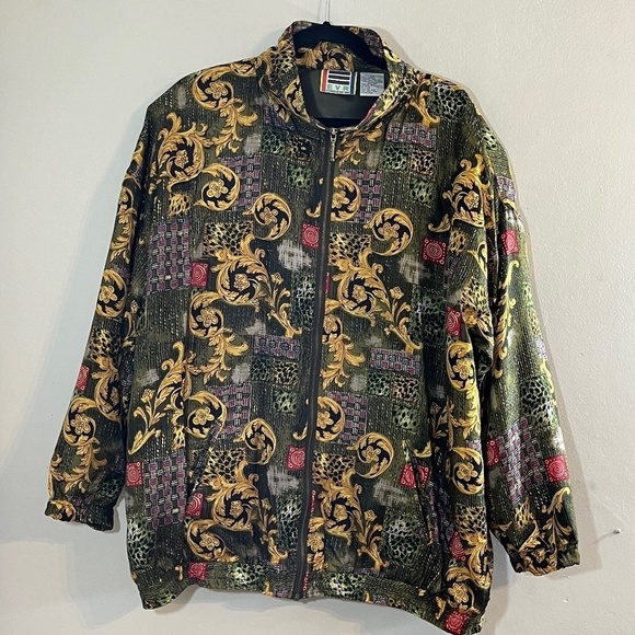 EVR DIV Rousso Jacket Women 2X Green Floral Silk Regal Retro Neutral 80s Granny - Picture 10 of 13
